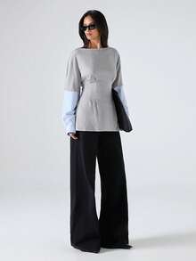 LYSMO 2026 New Arrive Minimalism Spring/Summer Women's Color Block Simple Long Sleeve T-Shirt, Everyday Wear Sleeve Top Modest Top Women's Grey Tops Long Sleeve Top Bell Sleeves - Light Grey - View 5