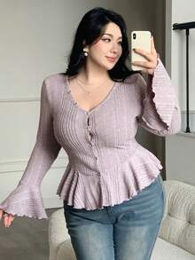 Dazy Plus 性感V领弹力修身长袖加大码女式T恤，春秋季 - 淺灰紫 - 查看 6