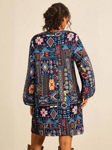 Freevana 大码女式碎花V领灯笼袖宽松休闲连衣裙 - 水鴨藍 - 查看 2