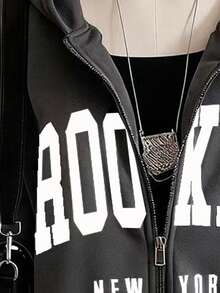 1 pieza Chaqueta con cremallera y bolsillo con estampado de letra minimalista y casual para adolescentes. Estilo de ropa urbana sencilla, esencial para otoño/invierno - Gris Oscuro - Ver 5