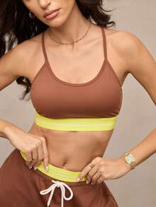 Activina Women's Contrast Color Sleeveless Criss-Cross Back Comfortable Breathable Spaghetti Strap Sports Bra - Brown - View 4
