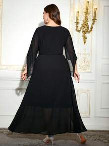 Reflora Elegant Black Plus Size Dress With Round Neck And Long Sleeves Semi Sheer Twist Detail A Line Mermaid Hem Long Length Plain Knitted Fabric For Women - Black - View 2