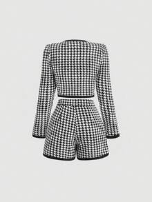 SHEIN MOD 复古黑白格纹撞色西装外套短裤两件套，格子图案，返校季服装，冬季外套，复古富贵风