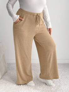 Enliva Melanieangelese Plus Size Women's Pants With Ribbed Pockets And Elastic Waist, For Apple Rounded Body Shape - Khaki - View 7
