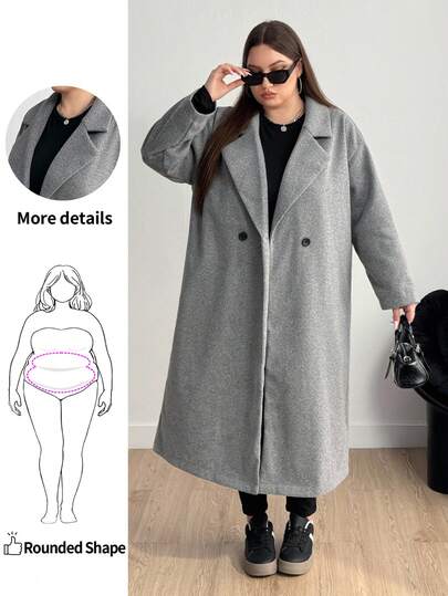 Enliva Büyük Beden Bol Gri Yün Palto, Cep Detaylı Bol Dış Giyim Kış Sonbahar Sonbahar/Kış