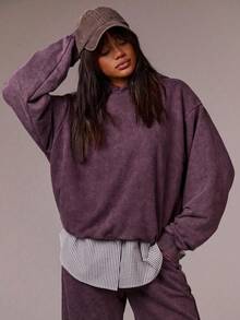 Athîral Women's Faded Brown Washed Sweatshirt | Vintage Effect Fleece Fabric, Oversized Relaxed Fit, Classic Hooded Collar, Drop Shoulder Long Sleeves With Ribbed Cuffs, Minimalist Urban Detailing, Clean Finish, Effortless City Sports Vibe, Androgynous Comfort For Morning Exercise, Running, Dog Walks & Work Commute, Perfect For Autumn & Winter - Purple - View 1