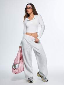 SHEIN Sports 女士白色短款长袖运动T恤，白色修身Polo短款上衣，长袖，纽扣开襟，女士短款上衣，女士长袖上衣，白色长袖衬衫 - 白色 - 查看 7