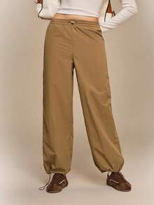 Hanevo Celana Jogger Wanita Kasual Olahraga dengan Pinggang Elastis dan Tali Serut - Mocha Brown - View 6