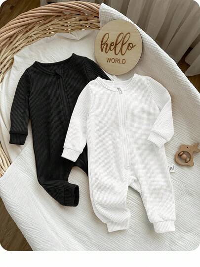 SHEIN 2件装新生女宝宝可爱纯色针织长袖连体衣，秋冬季