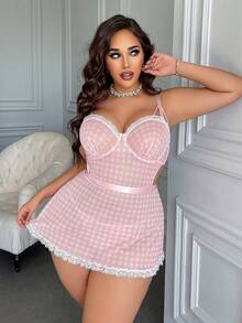 Fantasy Costume 大码女士性感格子印花钢圈连衣裙和低腰丁字裤两件套内衣套装 - 彩色 - 查看 5