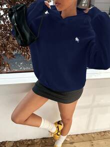 SHEIN Leap Crew 秋冬季少女马匹刺绣连帽卫衣 - 藏蓝色 - 查看 3