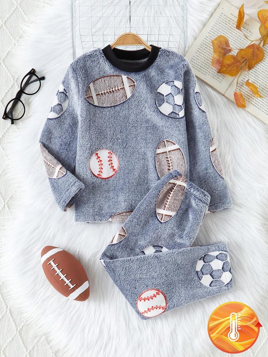2 piezas Conjunto de top de manga larga con gráfico de fútbol y pantalones para niño pequeño, pijama/ropa de estar cómoda y suave de felpa, adecuada para otoño/invierno - Multicolor - Ver 1