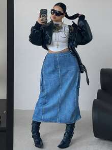 POPSWAY Plus Size Elastic Waist Large Pocket Faux Denim Print Casual Loose Street Style Skirt, Suitable For Dates, Gatherings, Outdoor Activities