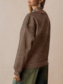 Florisole Sudadera casual y elegante de mujer con estampado de efecto desgastado y tachuelas - Café integral - Ver 2