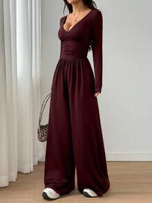 Flirla Bộ đồ liền thân dài tay màu trơn cổ chữ V dành cho nữ - Màu Đỏ Sâu - Xem 6