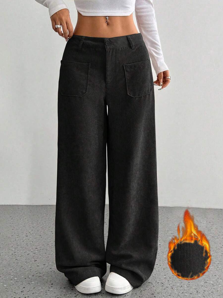 SHEIN Unity 女士休闲纯色灯芯绒宽松直筒裤，适合秋冬季 - 黑色 - 查看 1