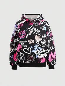 SHEIN Tween Girl Colorful Letter Print Hooded Sweatshirt And Sweatpants 2 Pieces Set, Fleece, Thickened - Multicolor - View 5