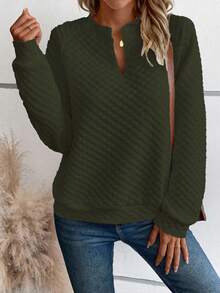 LanaWest 休闲纯色纹理翻领卫衣，秋季 - 軍綠色 - 查看 5