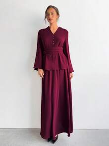 Aloruh Women's Solid Color Button Design Flare Sleeve Ruched Waist Blouse And Midi Skirt 2 Piece Set Fall Clothes Fall Clothes For Women All Outfits Women  Fall Outfits For Women Fall Outfits Autumn Clothes Women's Fall Clothes Two Piece Set Women - Burgundy - View 7