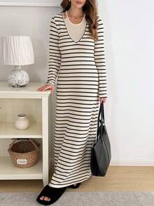 Easowa Sleeveless Hollow-Out 2 In 1 Long Sleeve Maxi Dress, Textured Jacquard Striped Fabric, Casual Relaxed Elegant Office Commute Style, Autumn/Winter Women Long Dress Winter Dress Winter Clothes For Women  Spring Break Outfits Elegant Dresses For Women Casual Outfit For Women - Dark Grey - View 3
