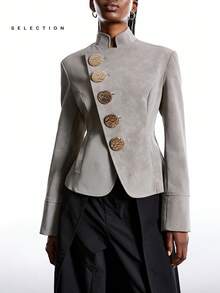 LYSMO 2025 New Arrive Minimalism Winter Women's Metal Single-Breasted Stand Collar Long Sleeve Fashion Jacket - Camel - View 1