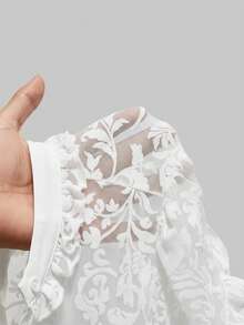 ROMWE Goth 复古宫廷风哥特式植绒可拆卸荷叶边领带领，巴洛克水晶吊坠，喇叭荷叶边袖口收腰女式衬衫 - 白色 - 查看 5