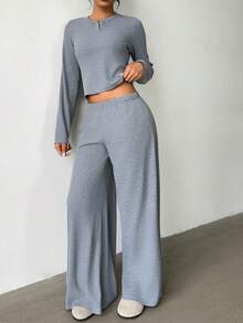 Flirla 女士优雅V领上衣和松紧腰裤两件套 - 灰色 - 查看 6