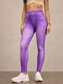 Activina Women's Fashionable Elastic Denim Effect Print Leggings - Purple - View 3