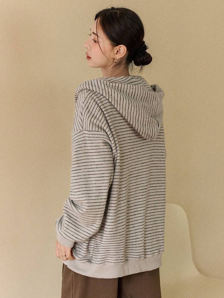 Women's Striped Drop Shoulder Long Sleeve Zipper Front Casual Hoodie Jacket Women Coats