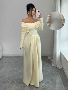 Elenzga Abito elegante da donna con spalle scoperte, maniche lunghe con volant, decorato con strass, modello aderente e svasato, adatto per feste e appuntamenti serali, colore giallo - Giallo chiaro - Visualizzare 4
