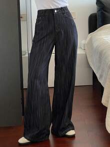 DAZY Women's Regular Waist Striped Loose Straight Leg Jeans, Casual Street Style - Dark Wash - View 2