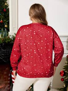Enliva 圣诞加大码女式圣诞老人印花圆领长袖休闲宽松卫衣，冬季款，适合苹果型圆润身材 - 紅色 - 查看 2