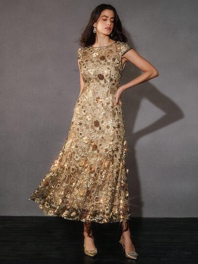 Anewsta 香槟色优雅花卉刺绣网纱短袖连衣裙，适合派对、约会、度假穿着