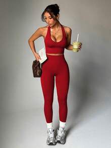StreetHx Women's Casual Sports Solid Color Halter Neck Tank Top & Leggings Set - Red - View 3