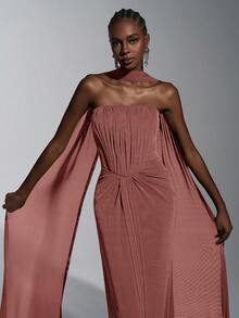 Elitara 极简主义结构主义手工褶皱无肩带紧身连衣裙，适合作为晚礼服、商务正装、宾客礼服、网纱连衣裙、正式礼服、长款连衣裙穿着。 - 藕粉色 - 查看 4