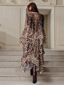 Anewsta Savoree 浪漫优雅豹纹荷叶边下摆春季层叠飘逸雪纺长袖连衣裙 - 彩色 - 查看 2