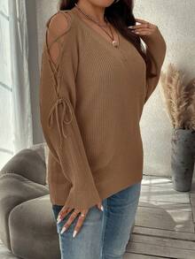 SHEIN Clasi Jersey de mujer de talla grande con mangas raglán y cordón en otoño/invierno - Camel - Ver 7