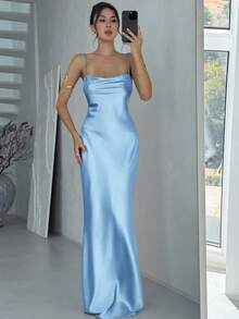 Aloruh Women's Backless Spaghetti Strap Sleeveless Elegant Long Dress - Baby Blue - View 8