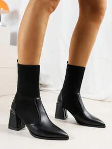 Botines de mujer estilo calcetín punta fina sin cordones tacón grueso moda urbana otoño invierno botas negras - Negro - Ver 4