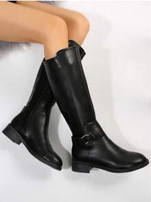 Botas de mujer moda hebilla punta redonda sin cordones tacón bajo estilo ecuestre otoño invierno casual botas altas negras - Negro - Ver 6