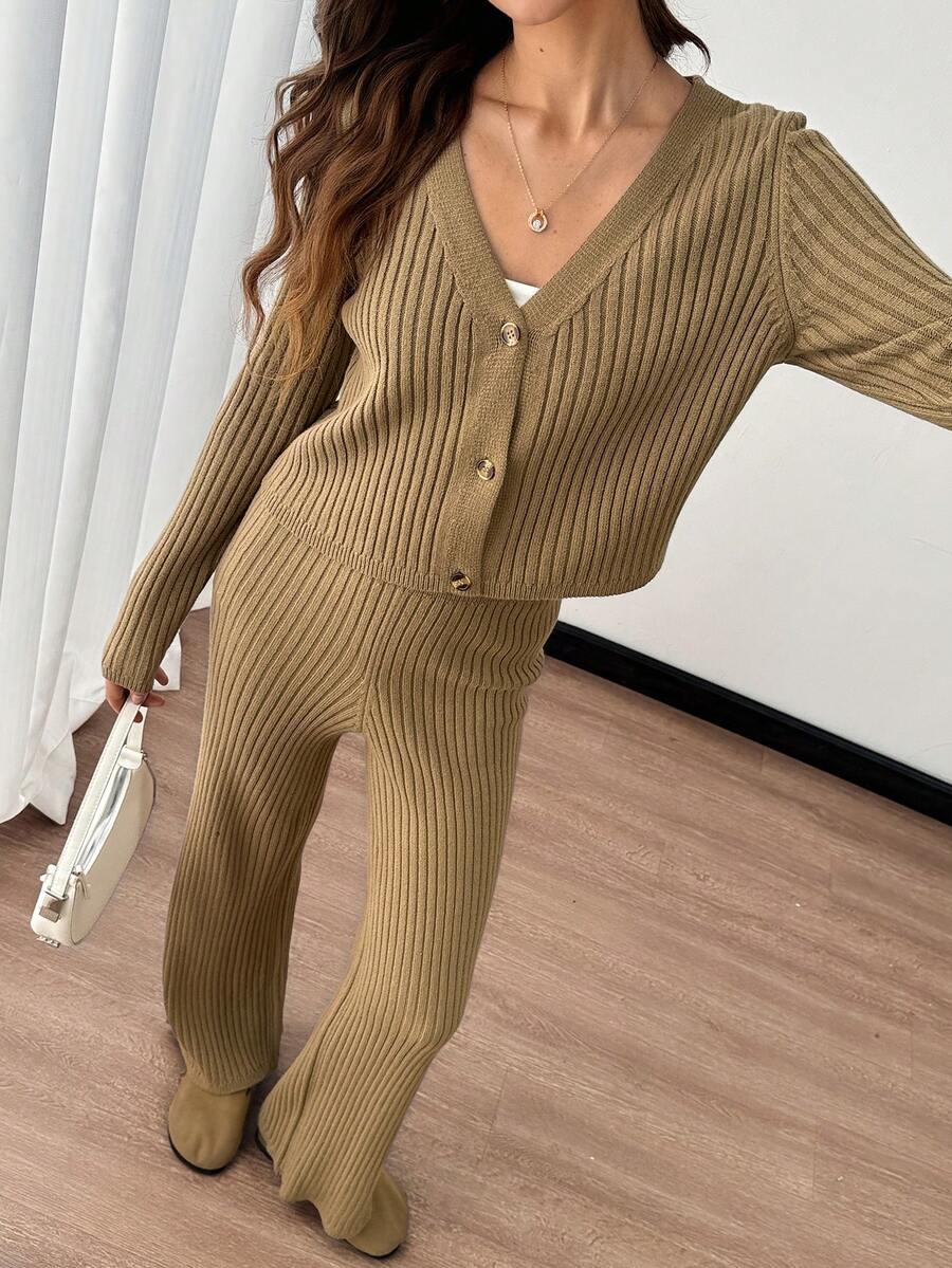 SHEIN Tall Retro Style Brown Ribbed Knit Cardigan & Knit Pants, Tall Women - Mocha Brown - View 1