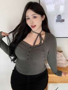 Dazy Plus 大码女式纯色修身系带长袖短款 T 恤，春/秋 - 灰色 - 查看 7