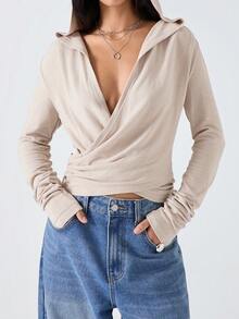 LYSMO 2025 Women's Minimalism Beige Autumn Winter Criss-Cross V-Neck Long Sleeve Ruched T-Shirt Wrap Twist Front Top,Casual Everyday New Year Clothes - Camel - View 3