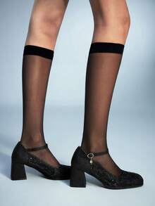 Sugerpunk Women's Fashionable Elegant Commuting Glitter Sequin Hollow Pumps For Christmas - Black - View 3