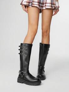 ROMWE 女士黑色弹力靴，暗黑摇滚朋克哥特风，厚底机车靴，过膝真皮骑行靴 - 黑色 - 查看 2