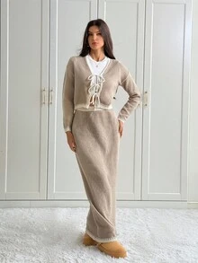 SHEIN Tall 2件套多色蝴蝶结休闲基本款针织套装，秋冬 - 卡其色 - 查看 2