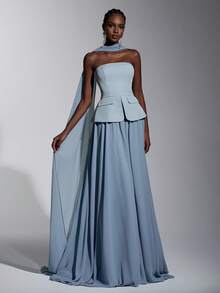 Elitara Váy maxi chữ A dài chấm đất bằng vải voan dệt màu xanh lam nhạt, sang trọng, lãng mạn, thời trang, có túi giả, phù hợp cho các dịp lễ, sinh nhật, đám cưới và các dịp trang trọng - Màu xanh bụi bặm - Xem 8