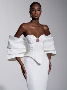 Elitara Elegant And Glamorous White Stretch Knit, Luxurious Satin Finish, Appliqué Details, Strapless Design, Faux Two-Piece Style, Large Bow Sleeves, Oversized Mermaid Silhouette, Train. Suitable For Weddings, Bridal Gowns, Formal Occasions, And Elaborately Embellished Wedding Dresses.,Wedding Party Dress