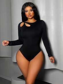 VaVaBold 女士露肩镂空设计长袖黑色连体衣 - 黑色 - 查看 6