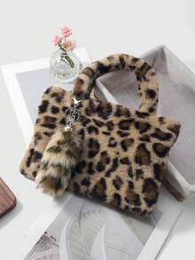 ROMWE Goth 2件套Y2K时尚个性甜美酷炫复古高品质毛绒仿皮草豹纹虎纹动物印花磁扣手提包/单肩包 + 毛绒蓬松仿动物尾巴钥匙扣配饰套装，适合女性日常穿搭，节日礼物 - 多色-1 - 查看 9